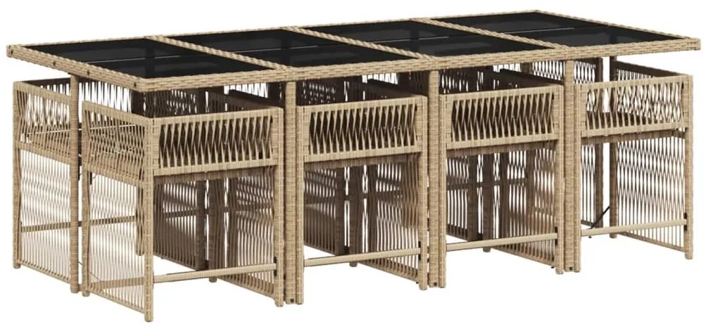 9 pcs conjunto de jantar p/ jardim com almofadões vime PE bege