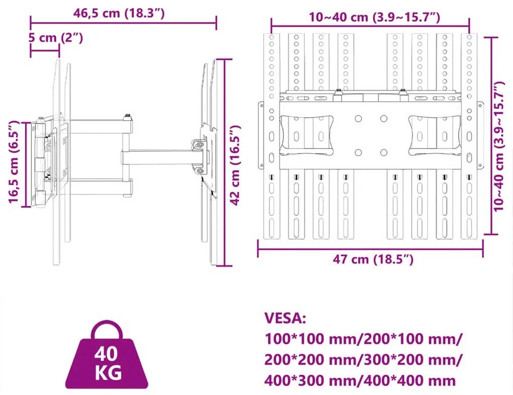 Suporte de parede p/ TV ecrãs de 26-70" Max VESA 400x400mm 40kg