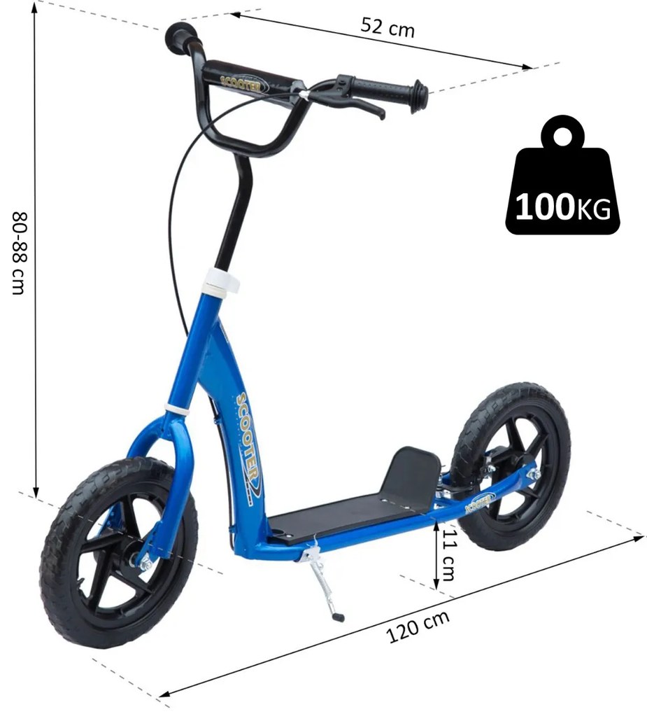 Trotinete para Crianças e Adultos Guiador Ajustável com Travão 2 Rodas 12 PulgadasCarga 100kg 120x52x80-88cm Aço