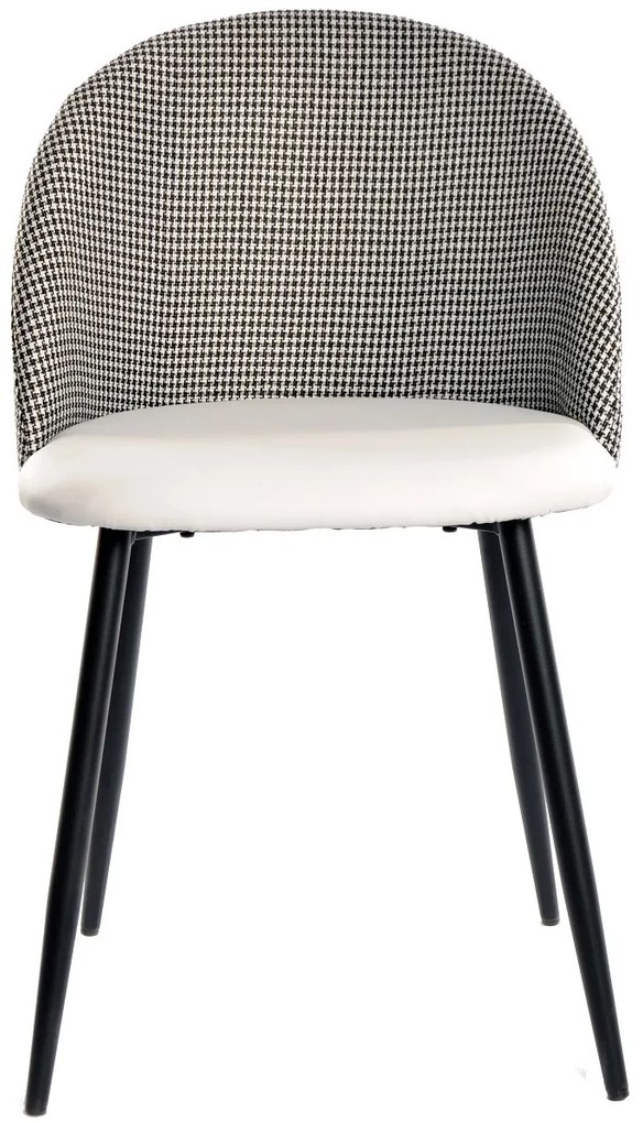 Conjunto 4 Cadeiras de Cozinha e Sala de Jantar ETNA, metal preto, tecido houndstooth e pele sintética branca