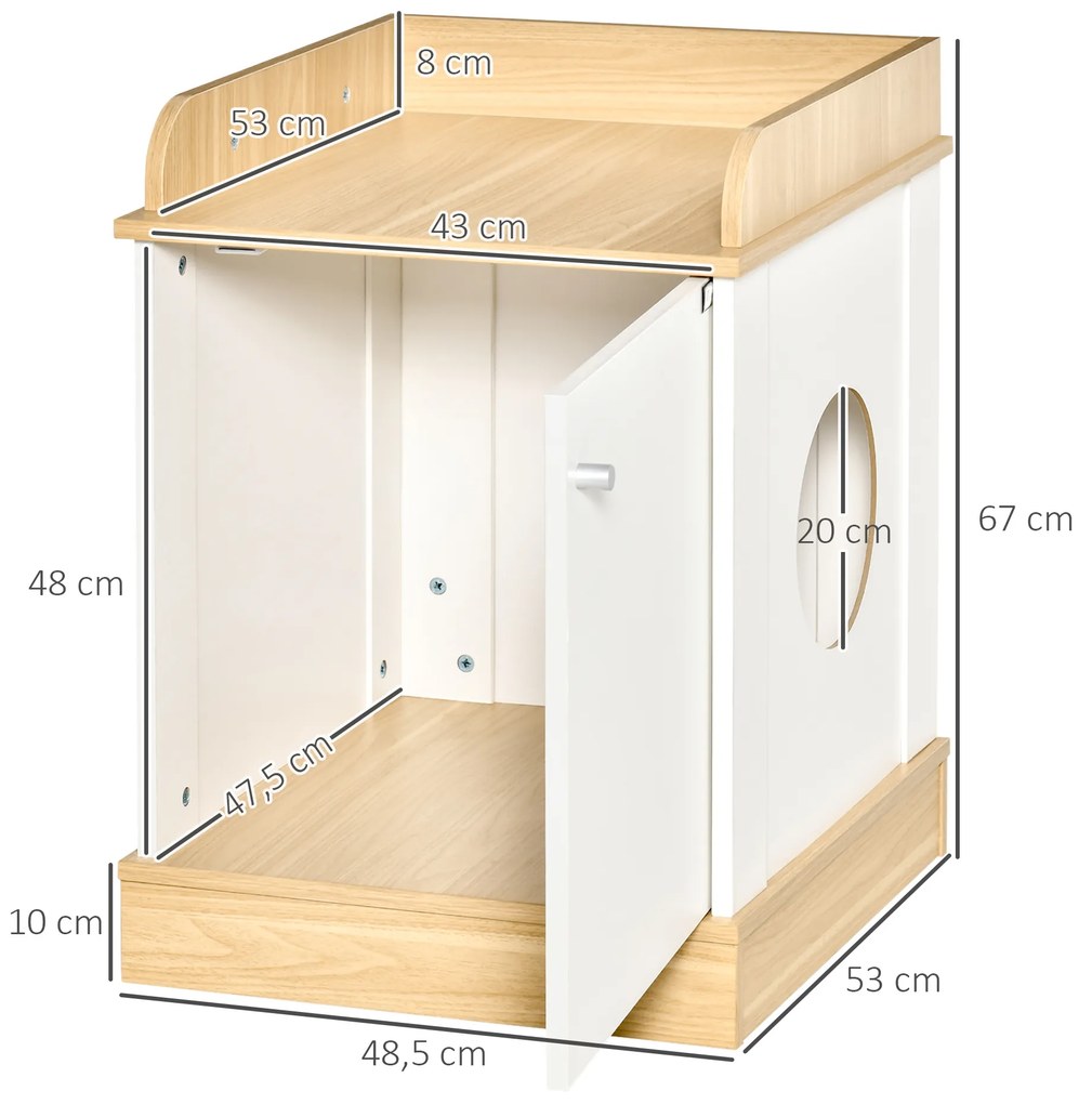 Casa para Gatos de Madeira Móvel Caixa de Areia para Gatos 2 em 1 com Bancada de Armazenamento Porta e Orifício de Entrada Lateral 48,5x53x67cm Branco