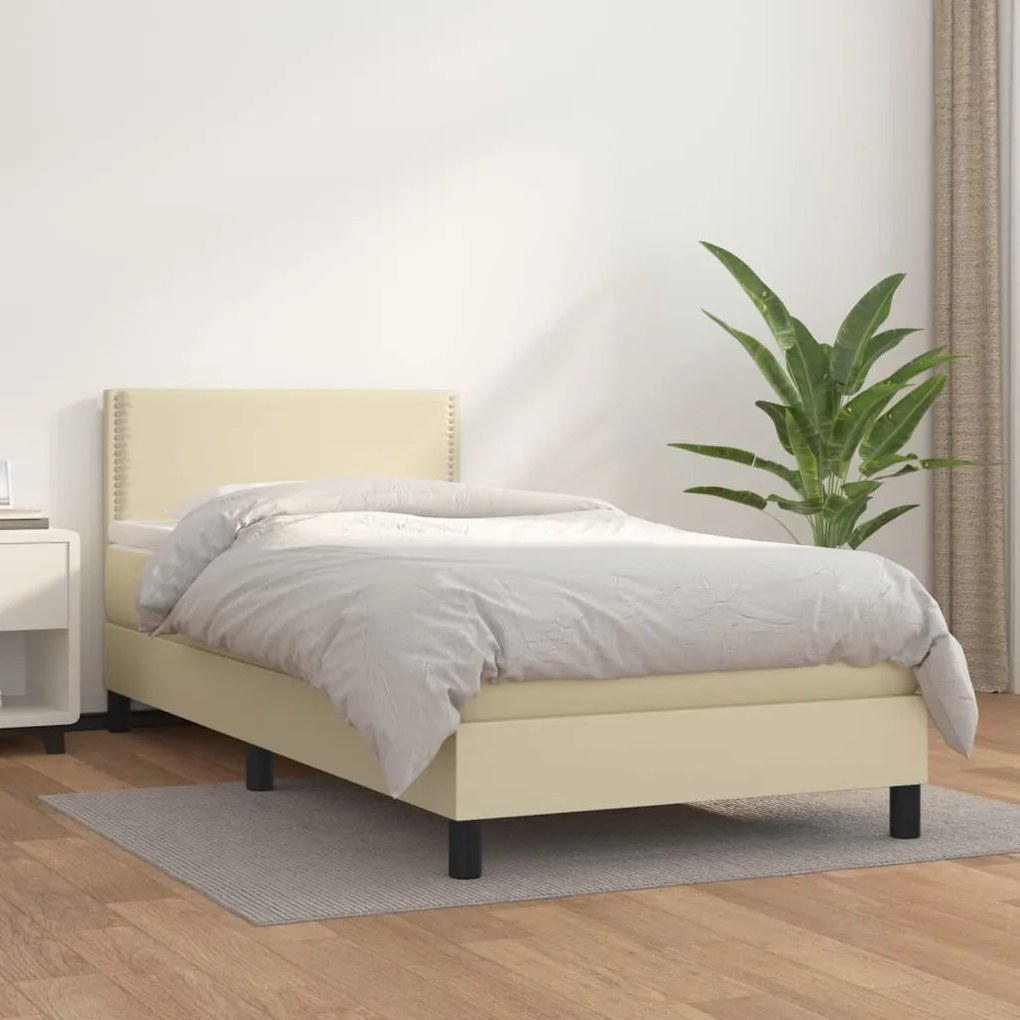 Cama com molas/colchão 100x200 cm couro artificial cor creme