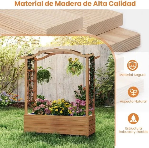 Floreira elevada com treliça 110 x 40 x 124 cm de madeira maciça com teto suspenso 2 treliças laterais Vaso inferior natural