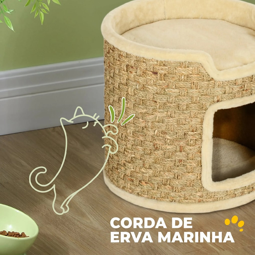 Barril Arranhador para Gatos 37 cm com Toca e Cama Superior em Sisal, Caqui