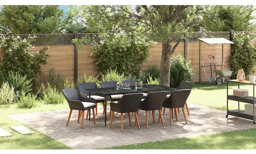 Conjunto de Jantar de 9 Peças Preto em Rattan e Poliéster