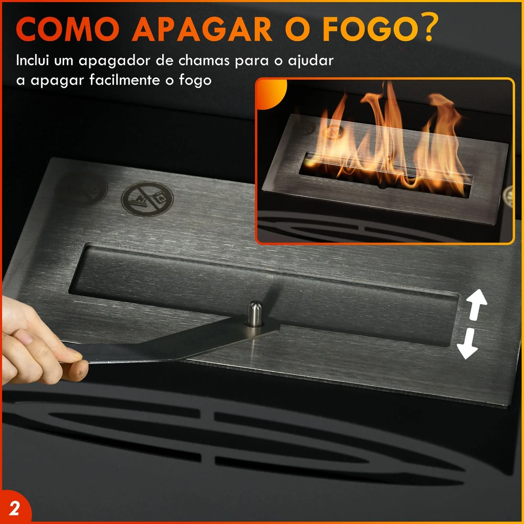 HOMCOM Lareira de Etanol 7000BTU Lareira de Bioetanol de Aço com Apagador de Aço Inoxidável Depósito de 1,2L Tempo de Combustão 3h para Interiores 20-25 m² 39x26x54 cm Preto