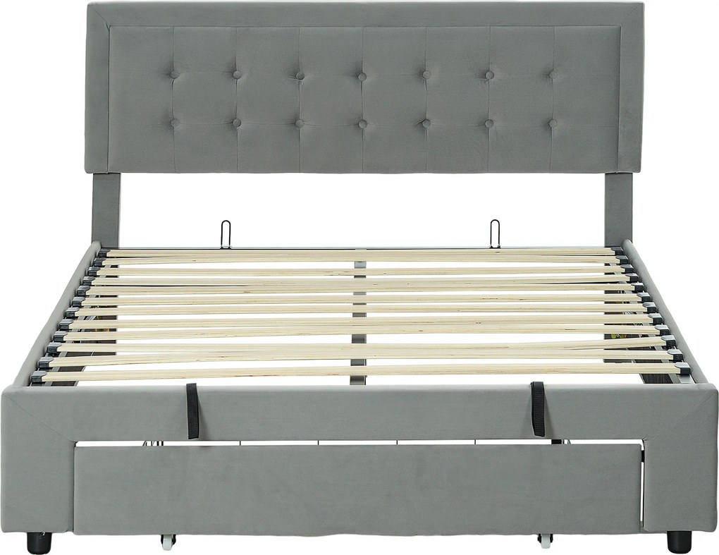 HOMCOM Cama de Casal 140x200 com Baú e Gaveta Cabeceira Reclinável Estofada Cinza Claro | Aosom Portugal