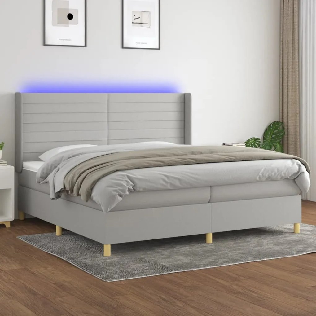 vidaXL Cama box spring c/ colchão e LED 200x200 cm tecido cinza-claro