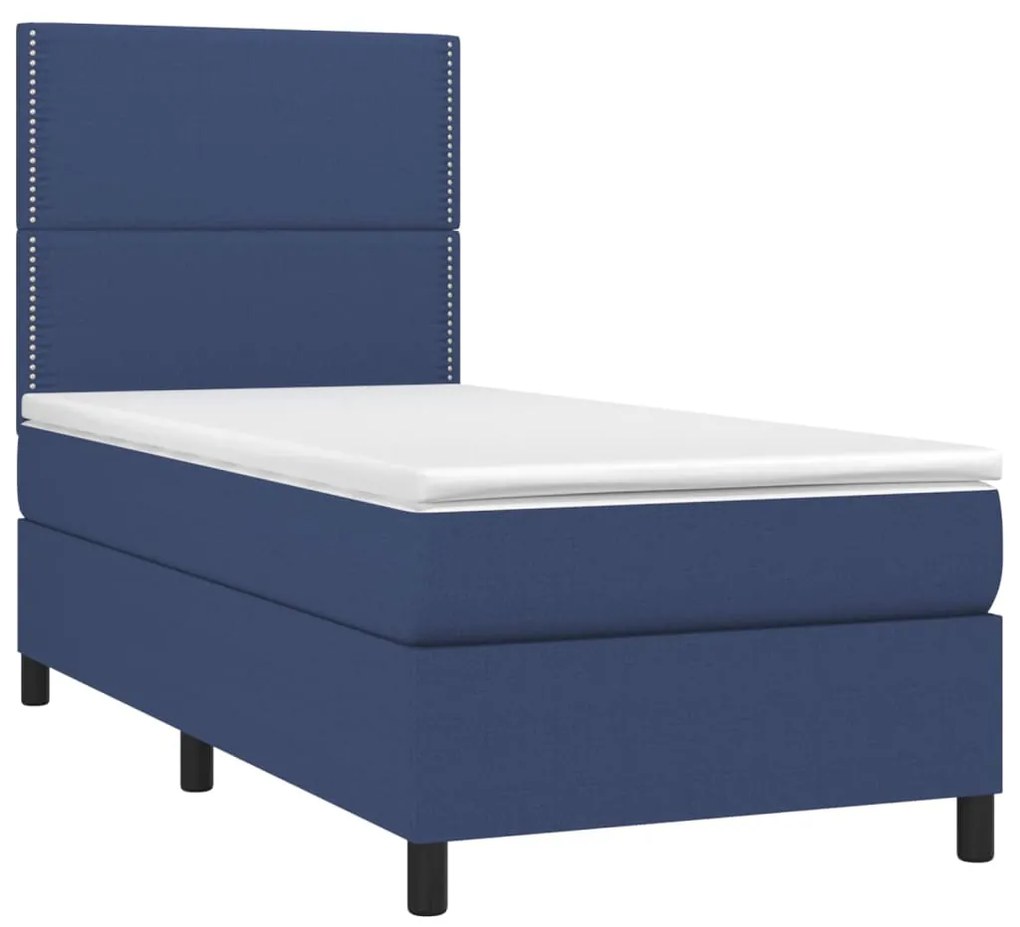 Cama box spring c/ colchão e LED 100x200 cm tecido azul