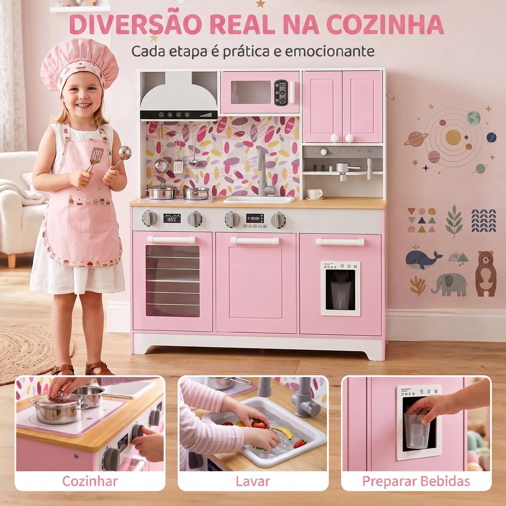 Cozinha de Madeira com Acessórios em Aço Inoxidável, Máquina de Café, Máquina de Gelo, Lava-loiça e Fogão Rosa