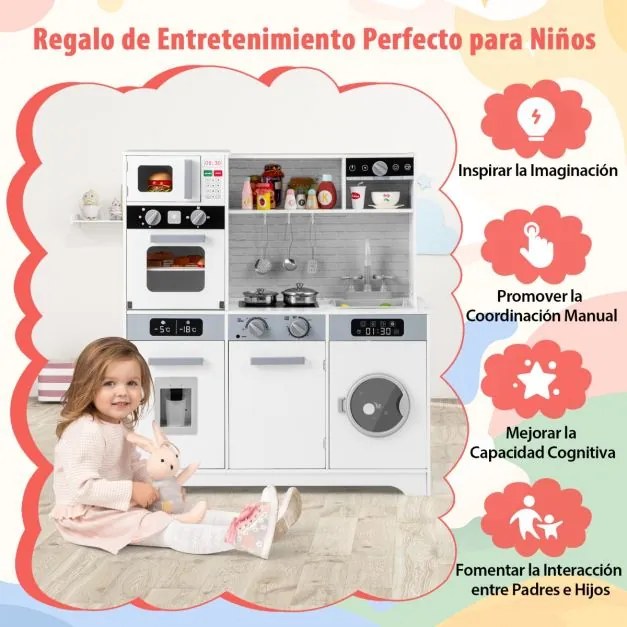 Cozinha de brincar para crianças em madeira com lava-loiça, torneira, dispensador de água, forno micro-ondas, máquina de lavar roupa, luzes e sons Bra