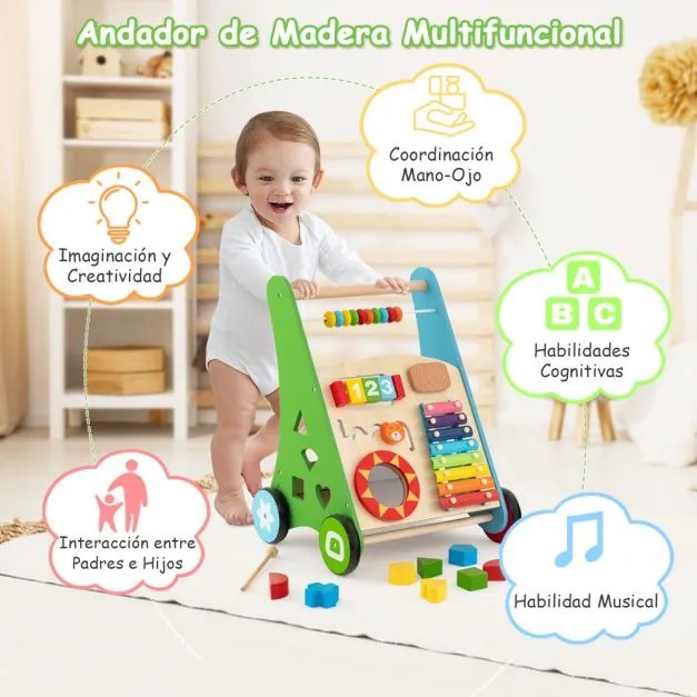 Andarilho de Bebé em Madeira Brinquedo Educativo de Atividade em Madeira com Rodas de Borracha Aprender a Andar para Bebés Multicolorido