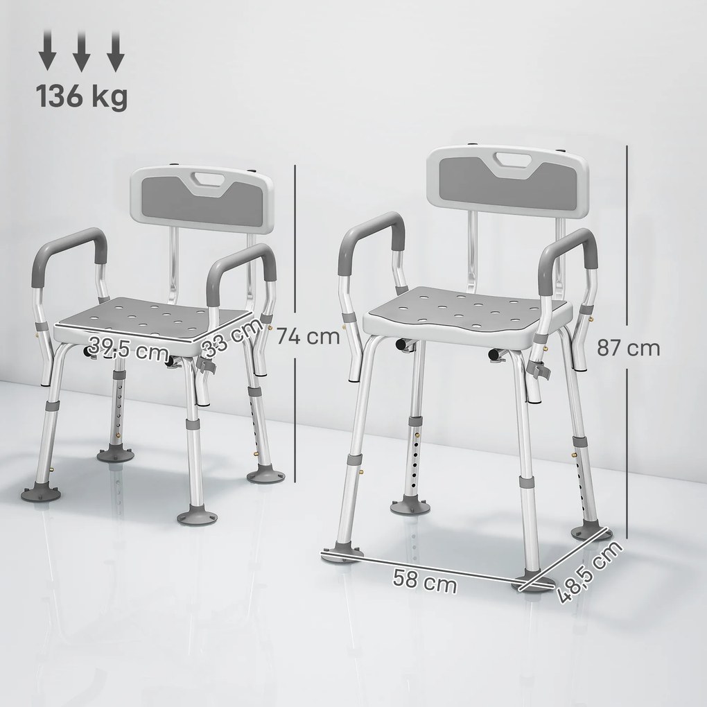 Banco de duche, cadeira de duche ergonómica, altura ajustável, pés antiderrapantes, 56,5 x 53,5 x 87 cm, branco e cinzento