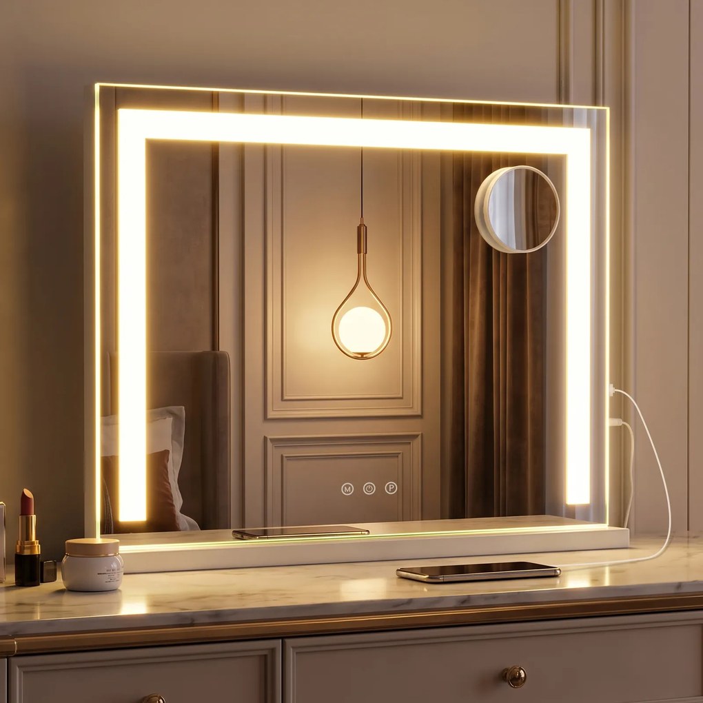 Espelho de Maquilhagem, 58 x 10 x 43 cm, Luz LED de 3 Cores, Branco