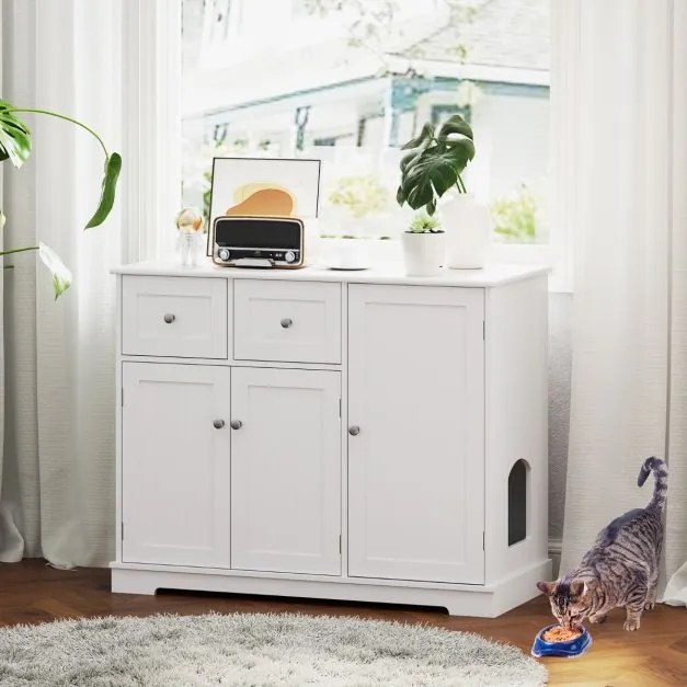 Móvel para caixas de areia para gatos Armário lateral para lavagem oculta de gatos com 2 gavetas 3 portas Dispositivos anti-queda Branco