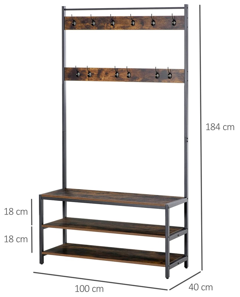 Cabide com 12 ganchos Banco estilo industrial com 3 prateleiras Estrutura metálica 100x40x184 cm Castanho Rústico e Preto