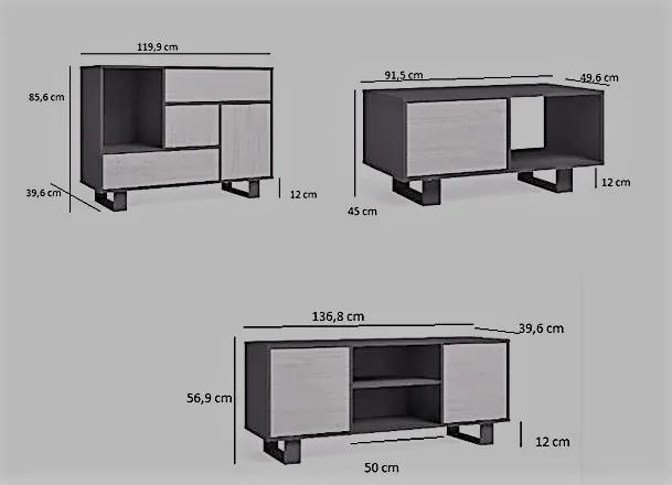 Conjunto de móveis Wind, Conjunto de móveis para sala de jantar composto por 1 Buffet, 1 Móvel TV140 e 1 Mesa de café, cor Carvalho/Branco, Pernas Bra