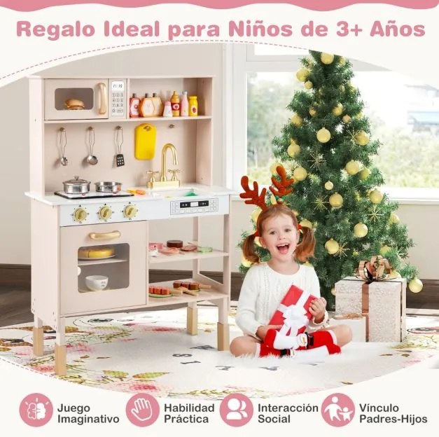 Cozinha de brincar em madeira com altura ajustável, luzes e sons. Inclui micro-ondas, lava-loiça, fogão, forno e acessórios Cor bege