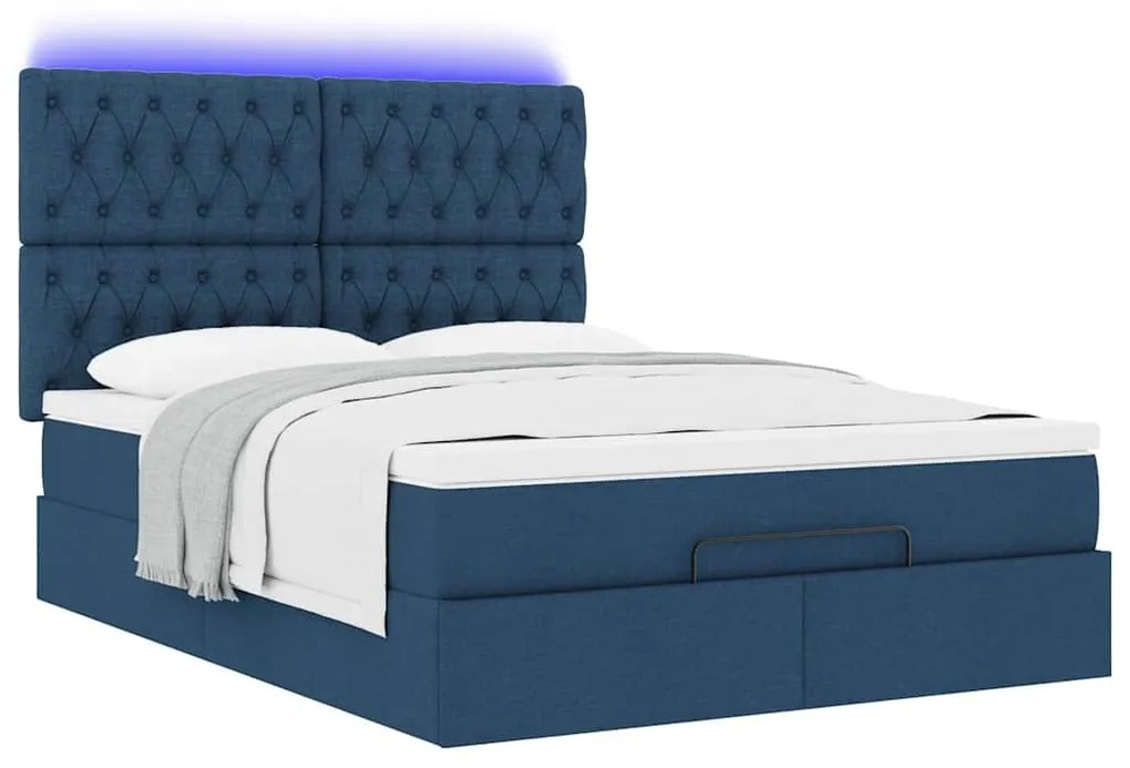 Estrutura de cama otomana com colchão tecido azul 140x200cm