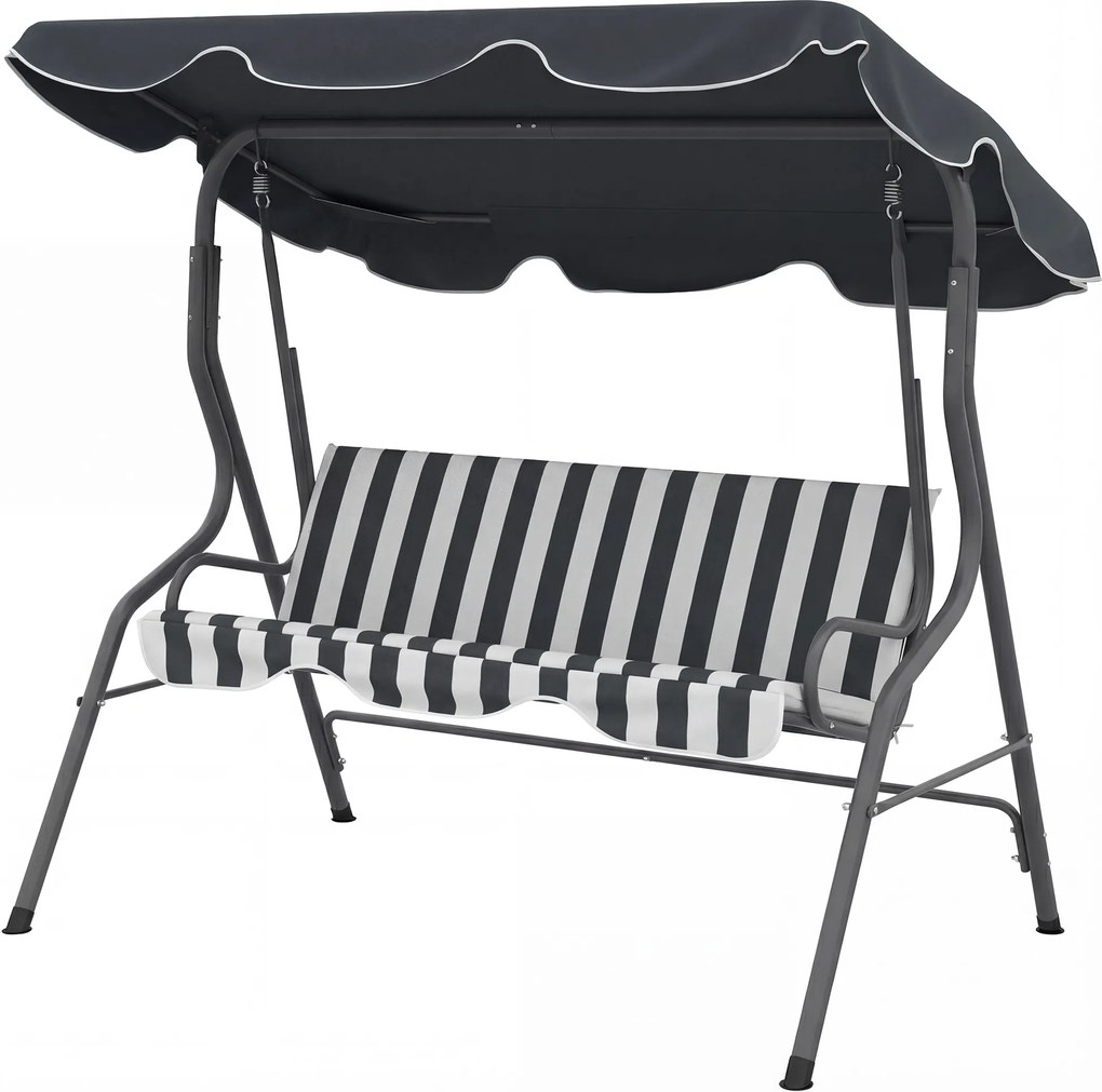 Baloiço de jardim de 3 lugares com cobertura impermeável, inclinação ajustável e almofadas de assento e encosto em cinzento e branco às riscas