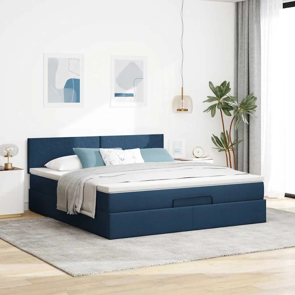 Estrutura de cama otomana vidaXL com tecido azul colchão 180x200cm