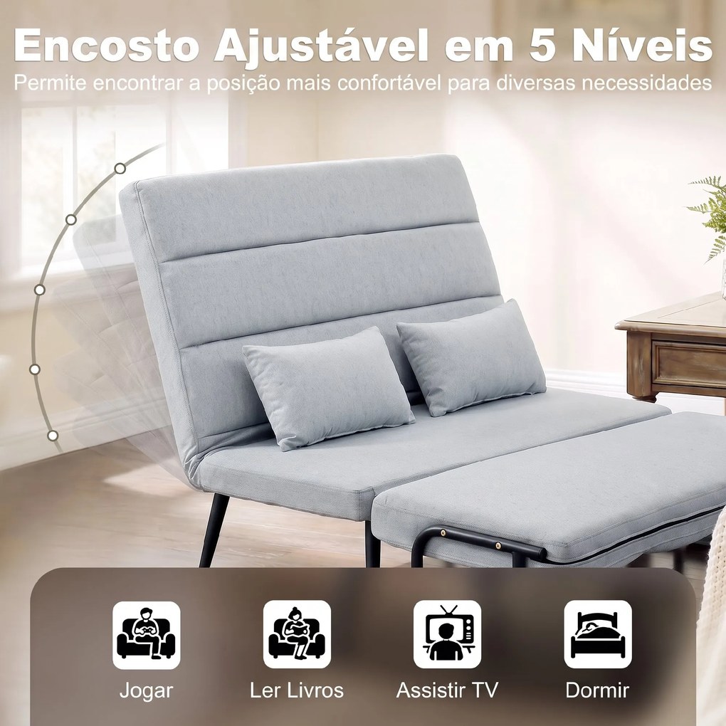 Sofá-cama de 2 Lugares 3 em 1 em Tecido Efeito Linho com Encosto Ajustável Click-Clack, Cinzento-claro