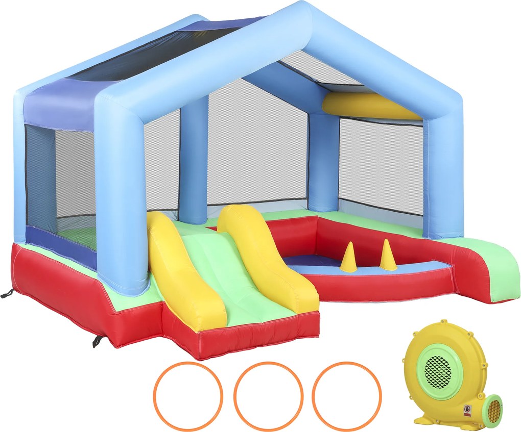 Castelo Insuflável para Crianças com Escorrega Cama Elástica Piscina de Bolinhas Jogo de Aros Toldo e Bolsa de Transporte 290x230x200 cm Multicor