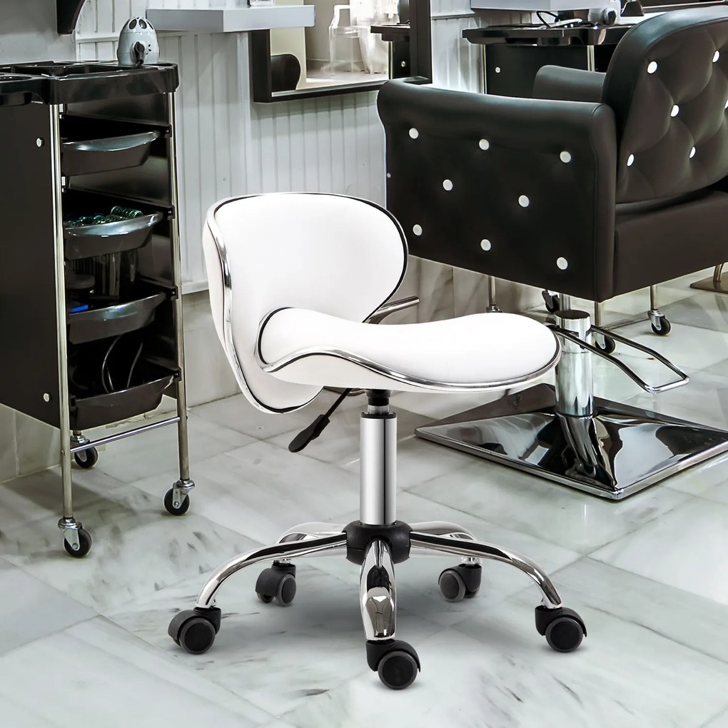 Banco com rodas, banco de trabalho com altura ajustável de 44 a 56 cm e encosto, giratório a 360°, branco