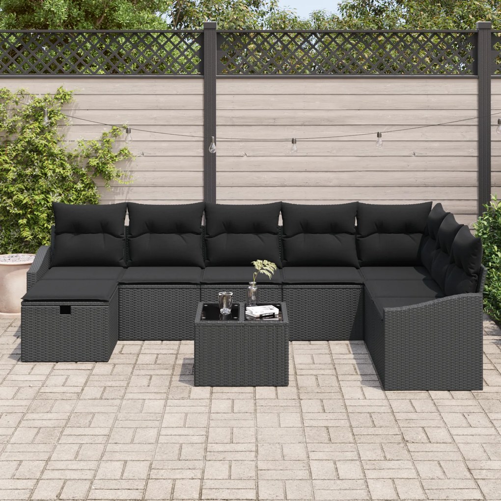 Conjunto de Sofás de Jardim de 9 peças com Almofadas Preto Rattan Poli