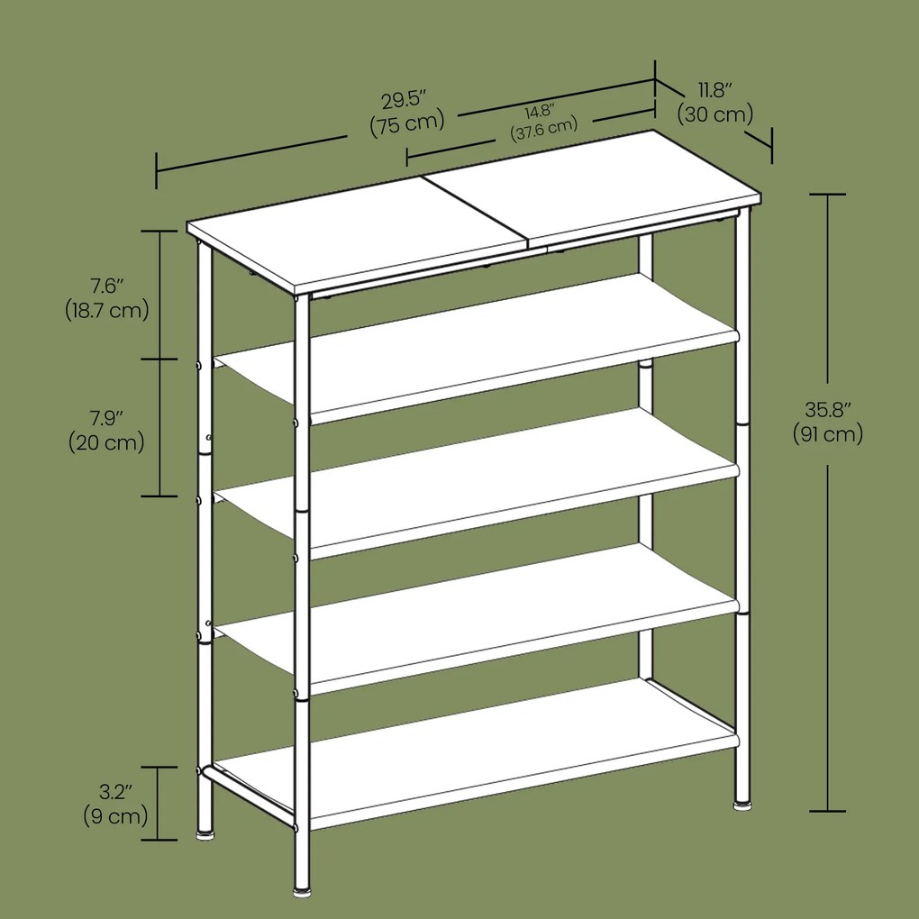 Sapateira com 5 prateleiras de 75 x 30 x 91 cm preta
