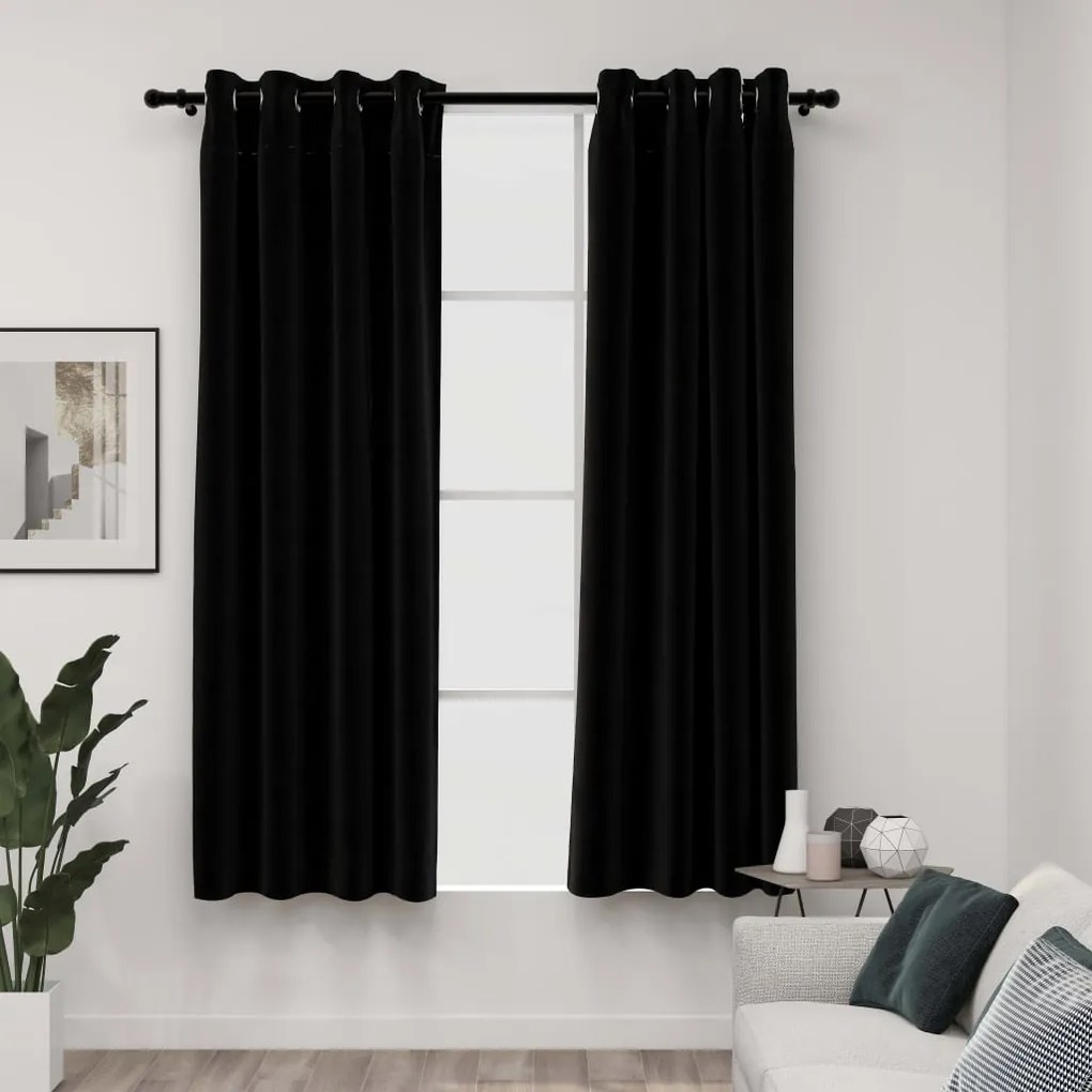 321152 vidaXL Cortinas opacas aspeto linho c/ ilhós 2 pcs 140x175 cm preto