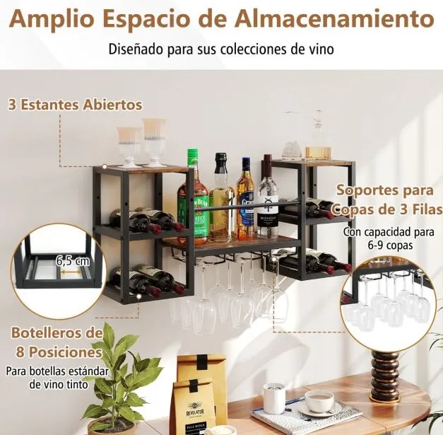 Garrafeira de parede 89 x 25 x 40 cm para vinho com suportes para garrafas, suportes para copos, prateleiras abertas, estrutura metálica, estilo indus