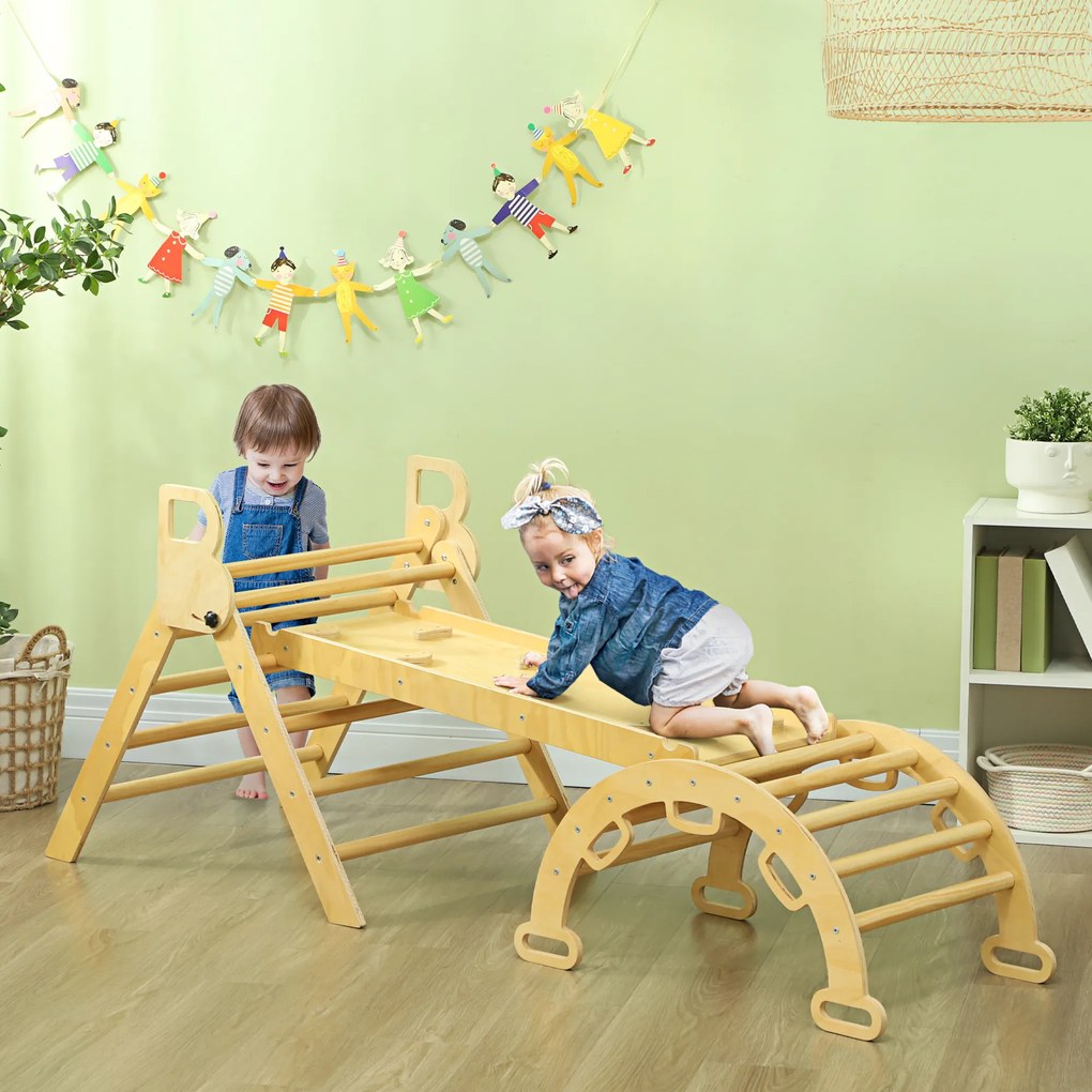 Triângulo de escalada 185 C x 66 L x 71 A cm infantil 5 em 1 com rampa de escalada reversível e balancé madeira natural