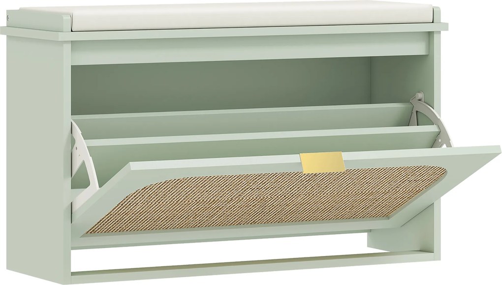 HOMCOM Banco para sapatos, banco de arrumação, assento acolchoado, gaveta basculante, porta em vime, 80 x 26 x 47,5 cm, verde | Aosom Portugal