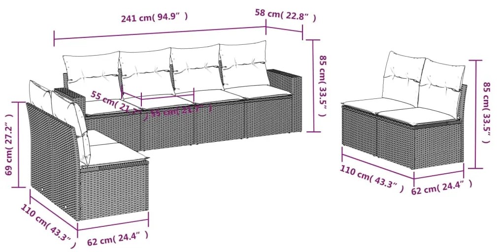 8 pcs conjunto sofás de jardim c/ almofadões vime PE cinzento
