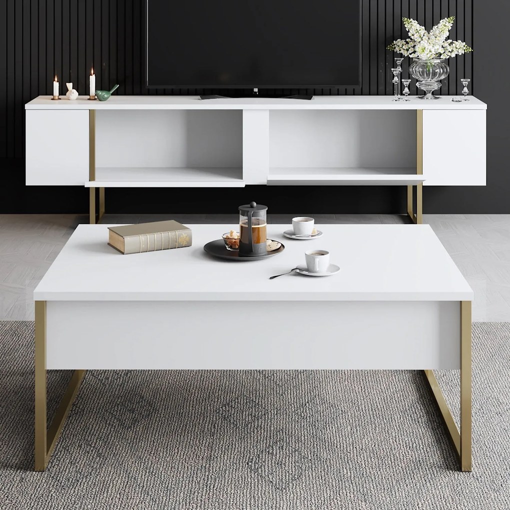 Movel TV Luxe – Branco e Dourado – 180x30x50 cm