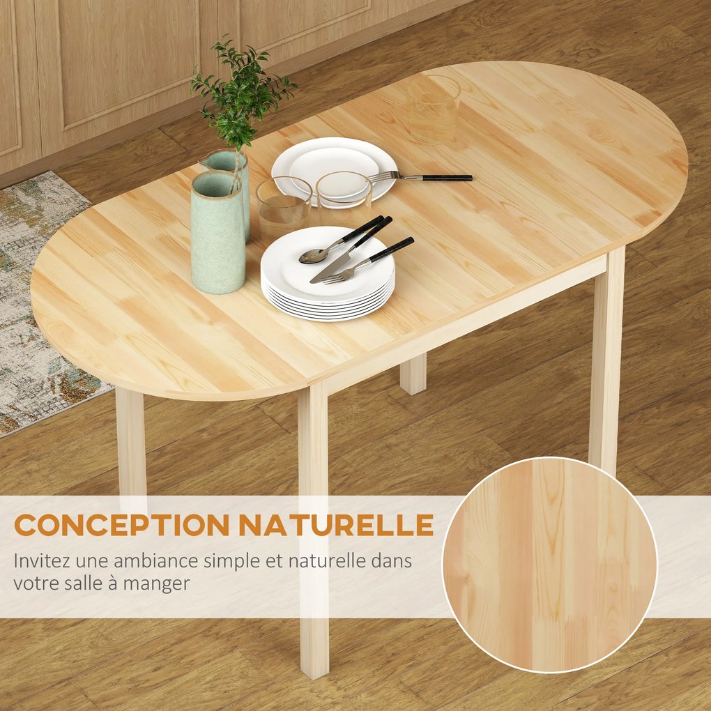 Mesa de jantar dobrável oval em madeira maciça 140 x 70 x 75 cm, com 2 abas (CADEIRAS NÃO INCLUIDAS), que ocupa pouco espaço,  Cor: natural
