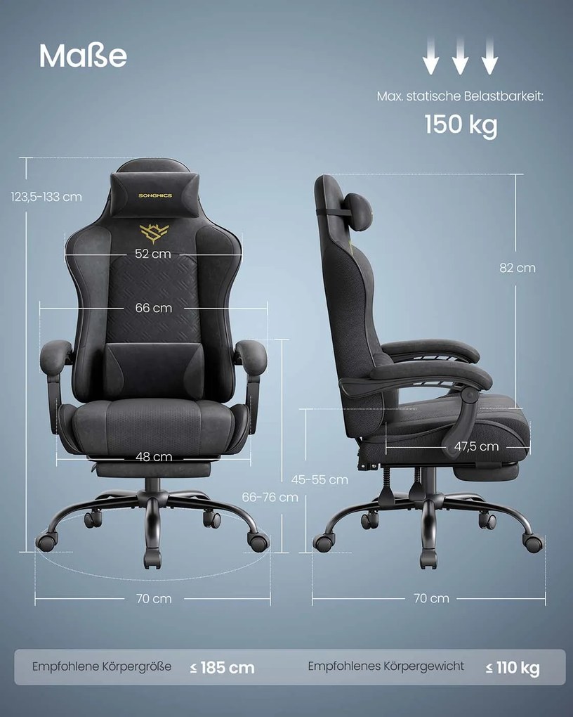 Cadeira ergonómica gaming/escritório com apoio para os pés e almofada de molas Preta