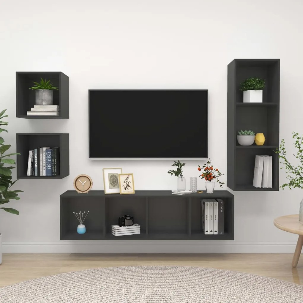 vidaXL 4 pcs conjunto de móveis de TV contraplacado cinzento