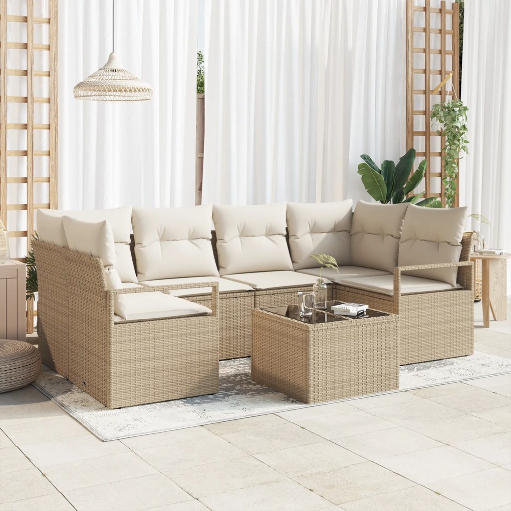 Conjunto de Sofás de Jardim vidaXL de 7 Peças com Almofadas Bege de Po