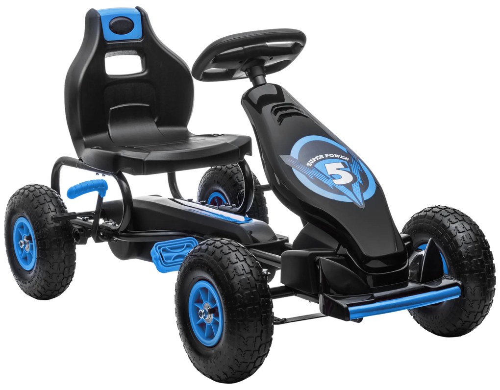 HOMCOM Kart a Pedais para Crianças 5-12 Anos Kart a Pedais Infantil com Assento Ajustável Pneus Insufláveis Amortecimento e Travão de Mão Carga Máx. 50kg 121x58x61cm Azul