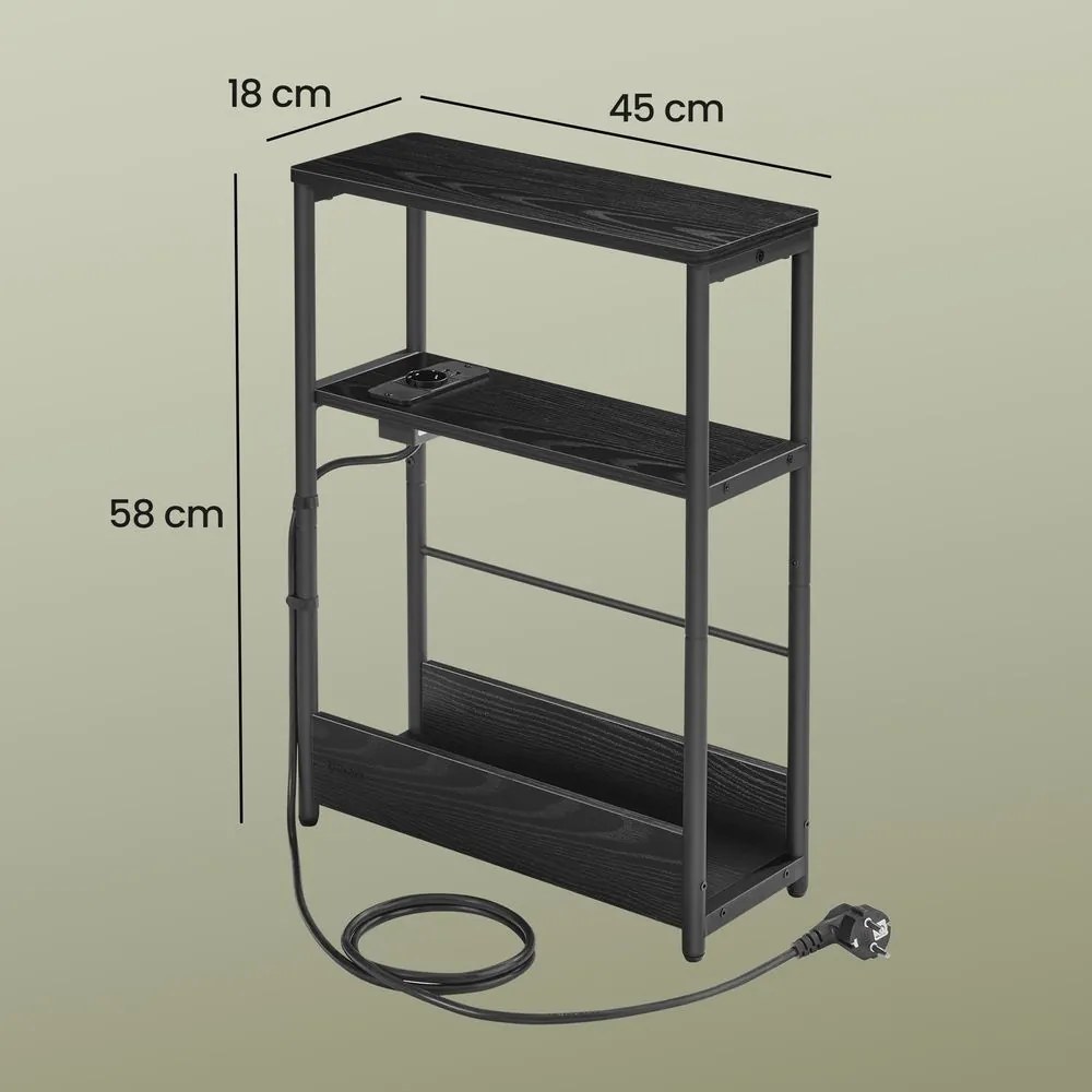 Mesa apoio lateral com tomada integrada e as portas USB 18 x 45 x 58 cm, 3 níveis, para sala de estar preto