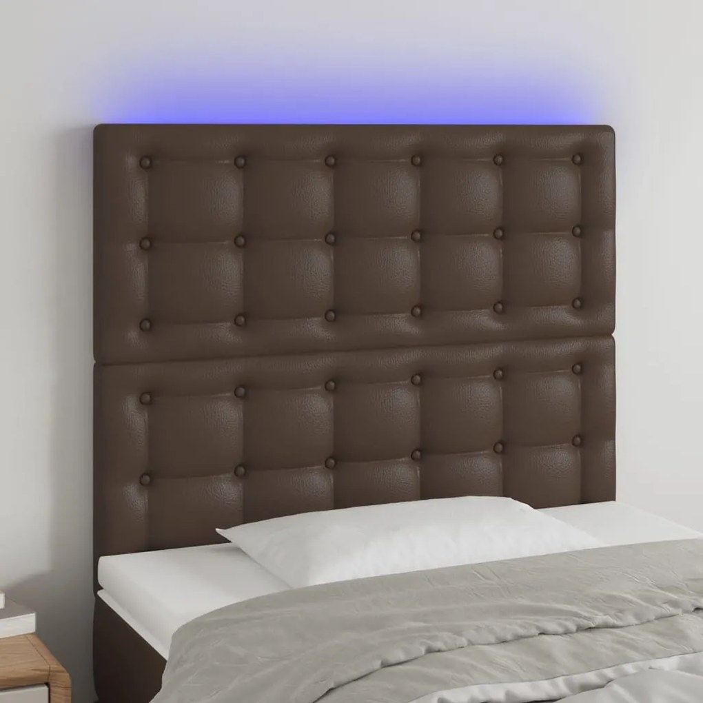 vidaXL Cabeceira cama c/ LED couro artif. 100x5x118/128 cm castanho