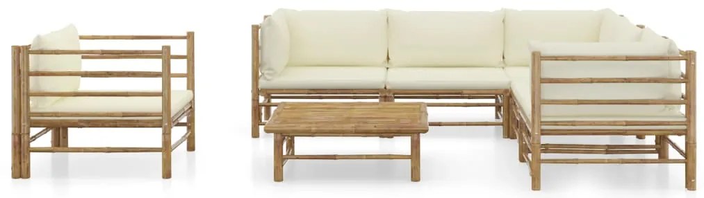 7 pcs conj. lounge p/ jardim em bambu c/ almofadões branco nata