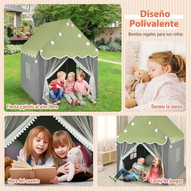 Tenda para crianças com tapete lavável Castelo de fadas com luzes Janelas 105 x 121 x 136 cm Verde