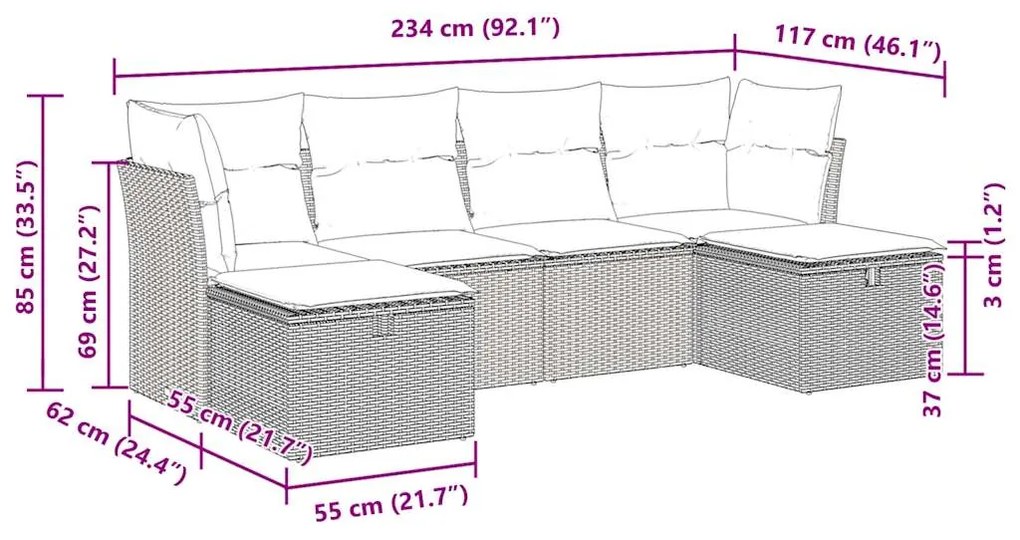 6 pcs conjunto de sofás p/ jardim com almofadões vime PE bege