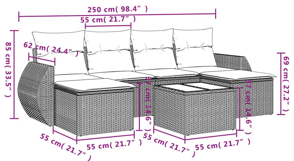 7 pcs conjunto sofás p/ jardim c/ almofadões vime PE cinzento