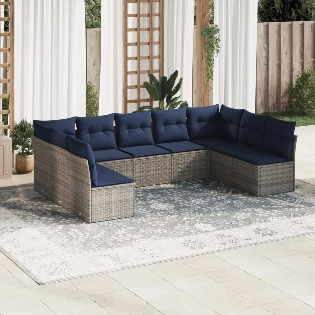vidaXL 9 pcs conjunto sofás p/ jardim c/ almofadões vime PE cinzento