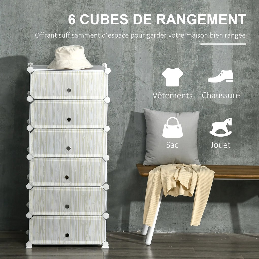 Armário modular para sapatos, móvel de arrumação com 6 cubos empilháveis em plástico, 49 x 36,5 x 108 cm, branco