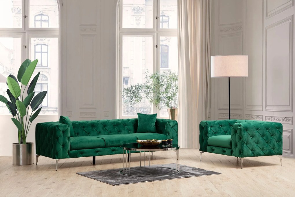 Sofá de 3 Lugares com Pernas em Metal Cromado – Francisca – Verde – 23